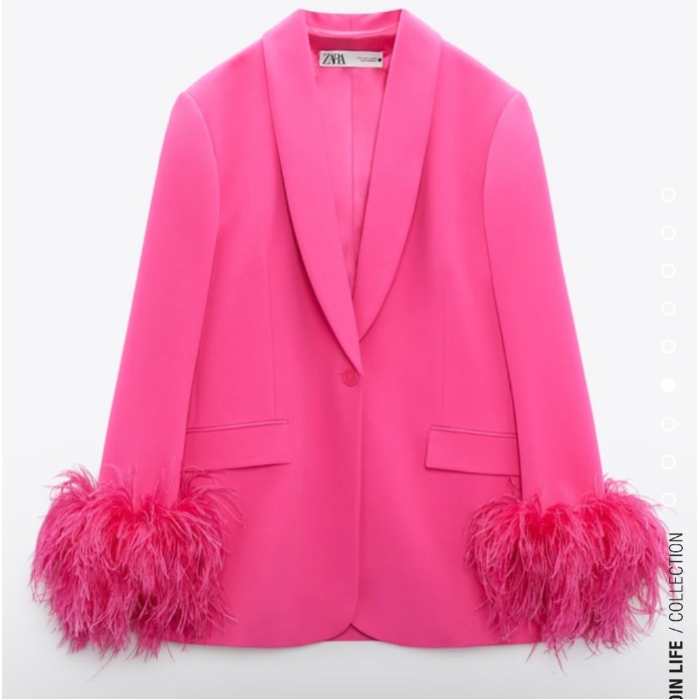 Zara Straight Pink Blazer Jacket with Feathers